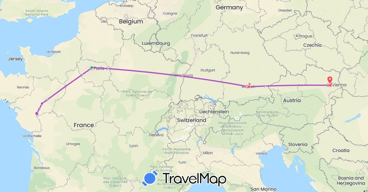 TravelMap itinerary: bus, train, hiking in Austria, Germany, France (Europe)